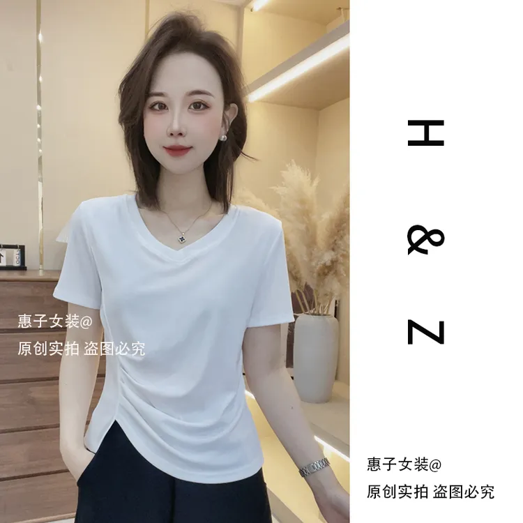 <惠子上新>966新款不规则V领设计感修身T恤女款纯色显瘦夏季休闲