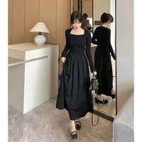 小个子长袖气质方领连衣裙黑色收腰针织拼接设计感法式小黑裙子
