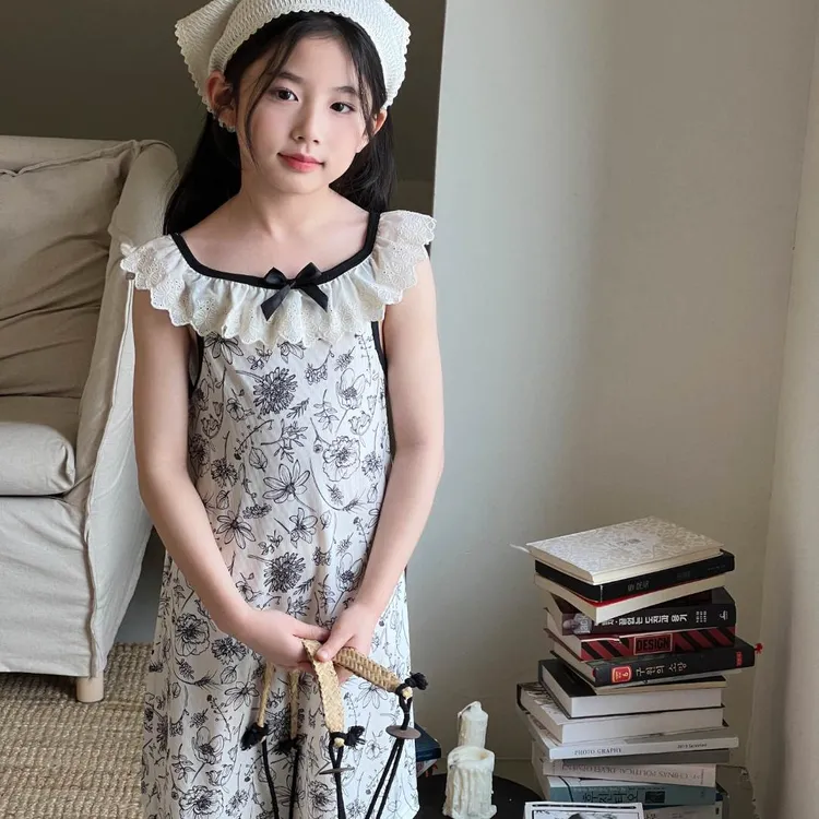 法式复古女童A类法式连衣裙夏季优雅蕾丝吊带裙公主裙冰丝复古
