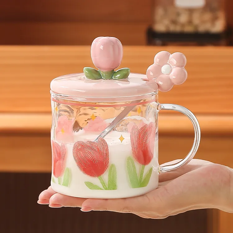花朵耐高温玻璃杯马克杯带盖勺女生高颜值水杯子可加热早餐咖啡杯