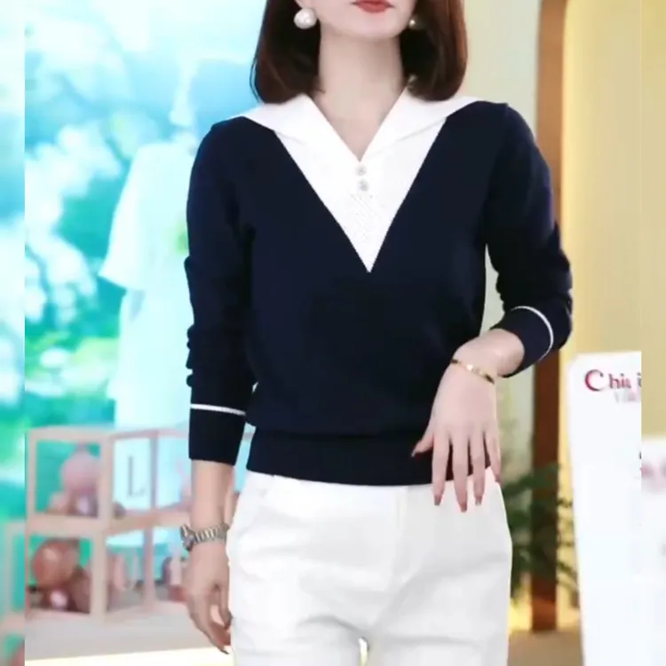 秋冬爆款时尚洋气减龄百搭显瘦撞色假两件海军领针织长袖女 8872