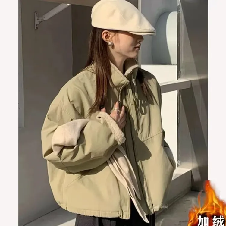 羊羔毛短款派克服外套女2025冬款韩系休闲小个子棉服外套