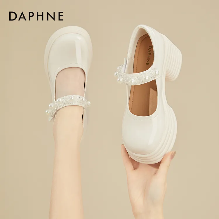 Daphne/达芙妮品牌高跟玛丽珍鞋新款8厘米白色小个子珍珠浅口单鞋