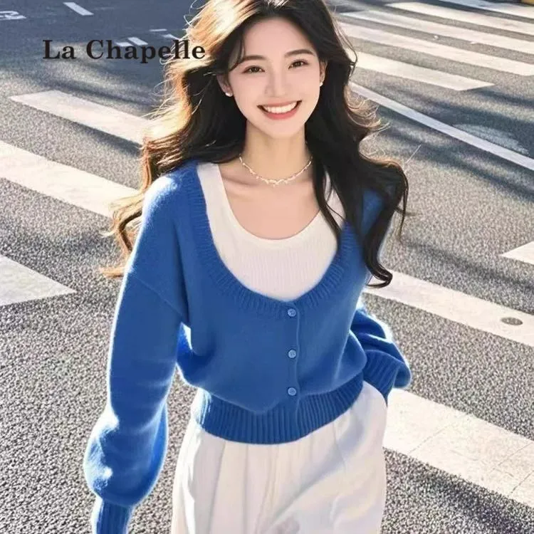 拉夏贝尔韩系假两件针织衫女秋冬季内搭时尚洋气蓝色毛衣打底上衣