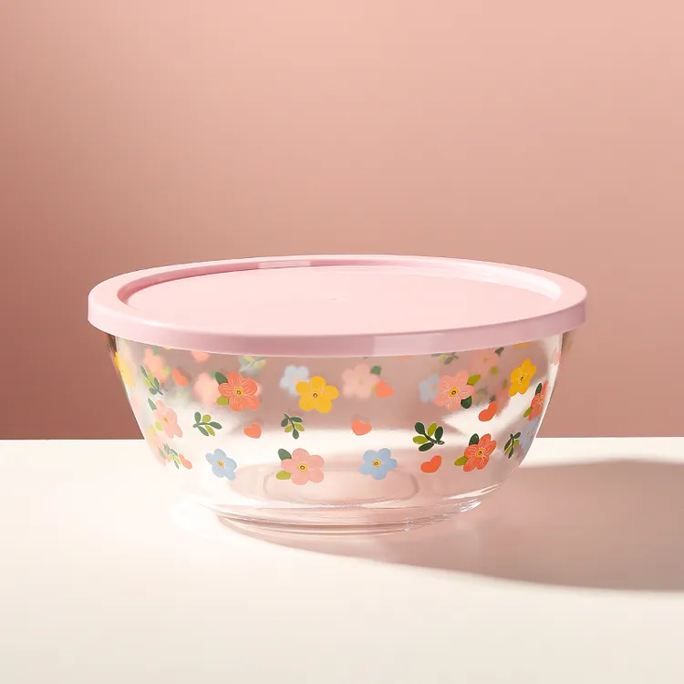 今日送盖新品2700ml小花小清新玻璃汤碗家用大容量拌馅盆和面盆