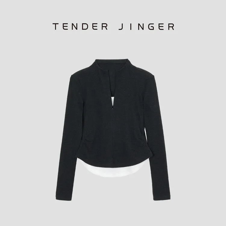 Tender Jinger【专柜】拼色小立领收腰舒适休闲针织衫T51LFK79124