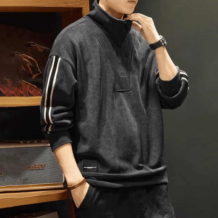 大码秋季半拉链立领卫衣男士痞帅休闲上衣加肥加大潮牌拼接外套潮