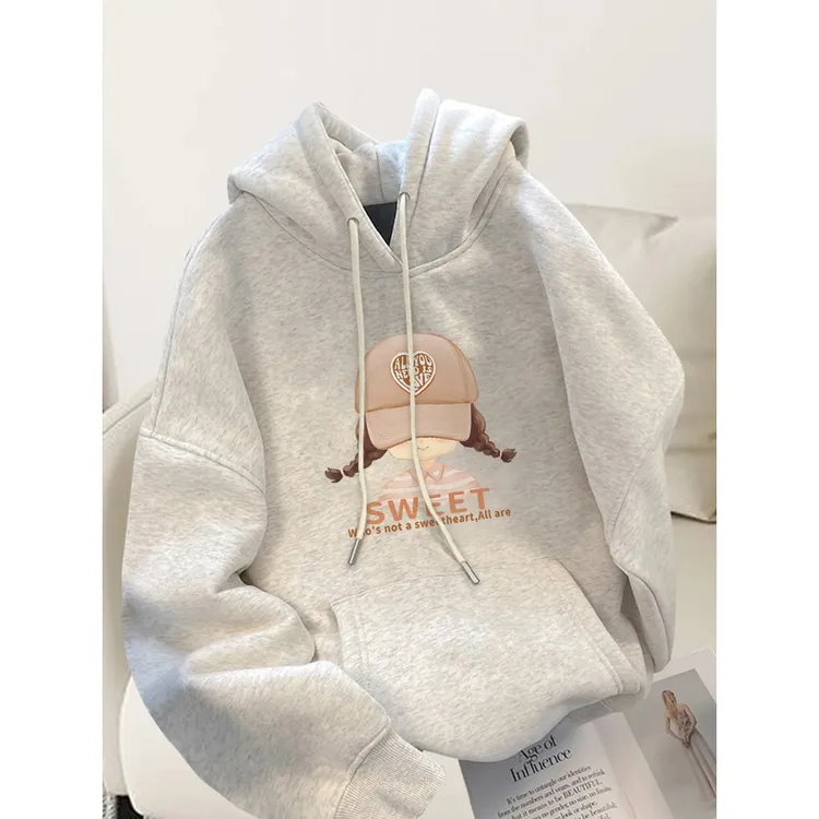 美式潮牌灰色连帽卫衣女冬季加绒上衣2025新款爆款小个子长袖外套