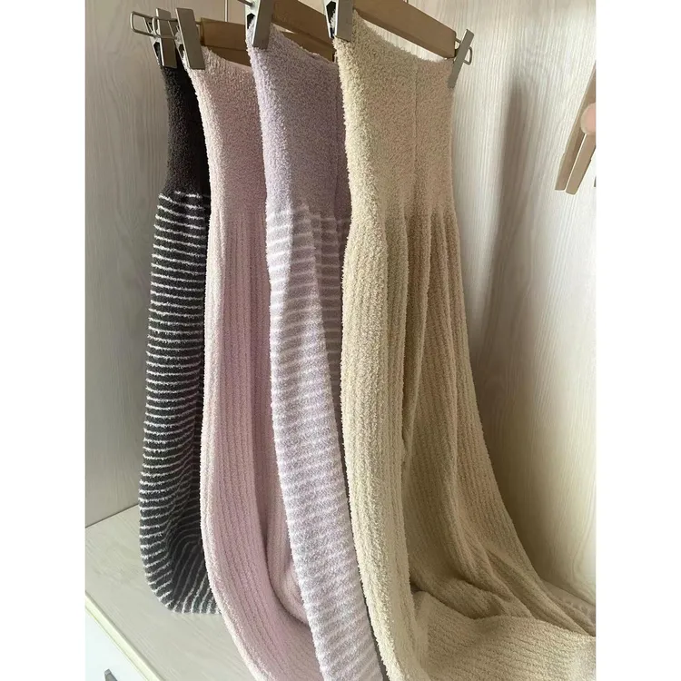 【高腰条纹】半边绒睡裤女秋冬季针织加厚韩系休闲家居长裤可外穿