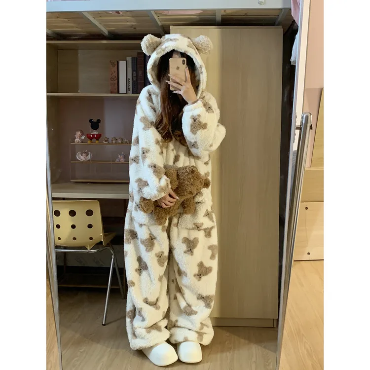 【卡通小熊】珊瑚绒连体睡衣女冬季新款加绒连帽家居服一体式套装