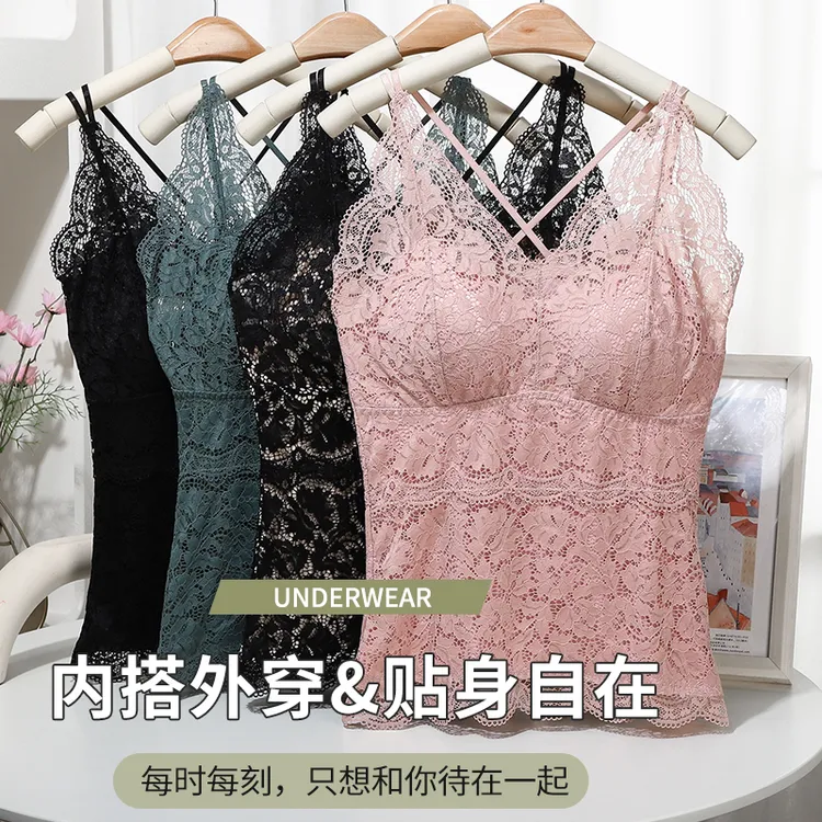 新款蕾丝吊带背心女自带杯垫双层加内衬防走光外穿长款美背内衣女