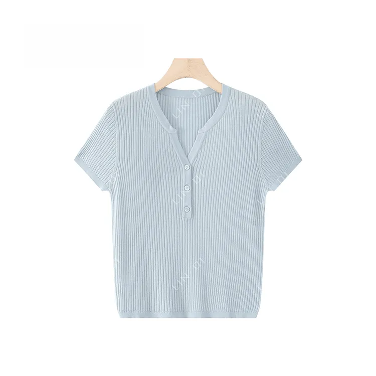 天丝莱赛尔+桑蚕丝薄款套头夏季新款纽扣半开V领针织短袖女薄款