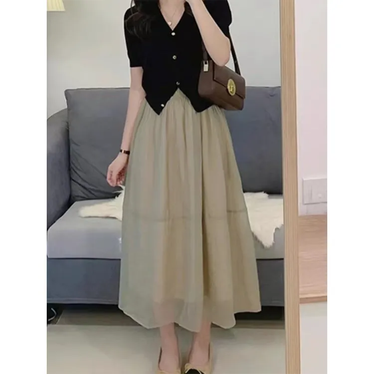 网纱欧根纱垂感半身裙伞裙女2024年夏季新款法式A字显瘦中长裙子