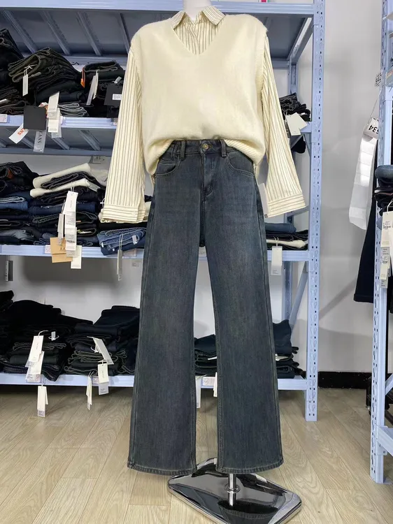 25冬季水泥灰加绒窄版直筒阔腿裤