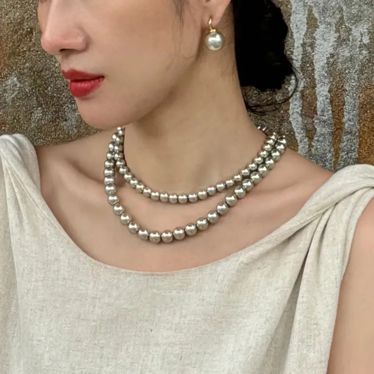 铜合金仿珍珠项链 灰色高级感轻奢饰品小众项链女款锁骨链子