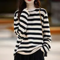 不起球可机洗纯棉半高领提花条纹针织衫秋冬加厚宽松韩版套头长袖