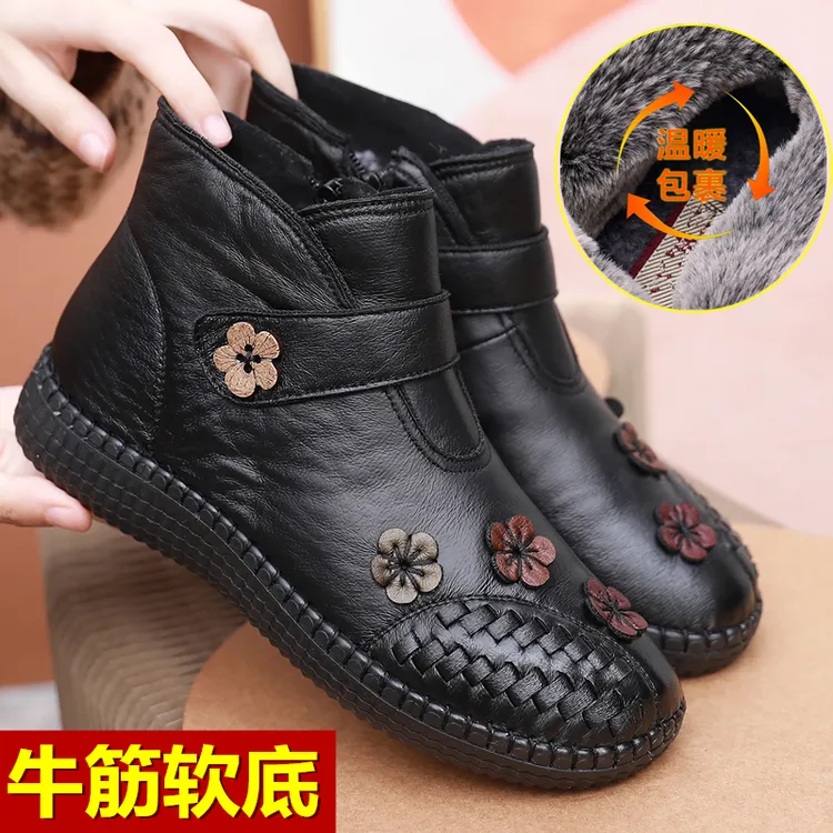 冬季加厚保暖防水妈妈棉鞋老北京布鞋女短靴牛筋底防滑老人雪地靴
