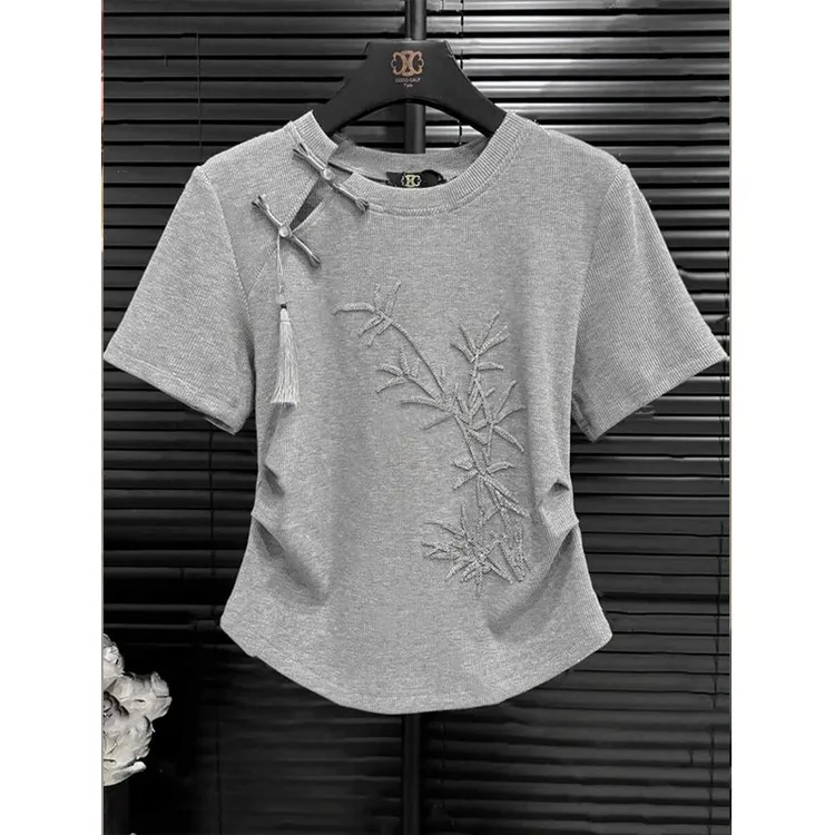 新中式国风竹苑盘扣T恤女2025夏季新款复古气质短袖体恤95%棉上衣