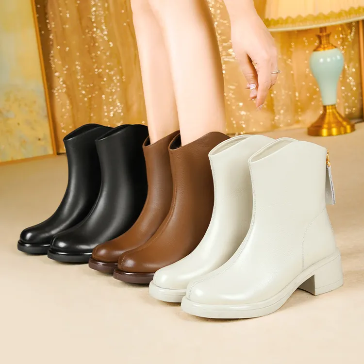 整靴全牛皮切尔西短靴加绒中靴皮毛一体女短靴时尚皮靴白色女靴