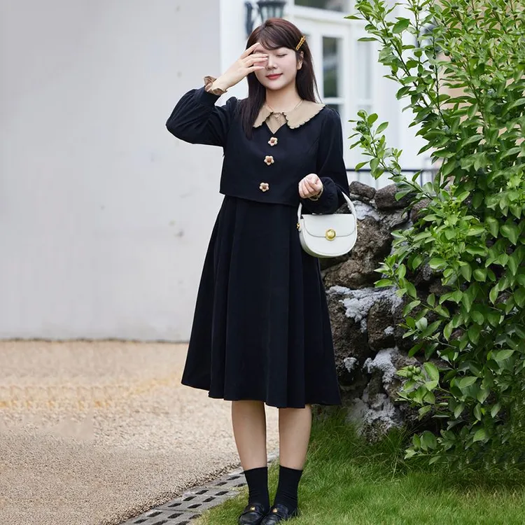 冬装新款娃娃领假两件A字法式长裙遮肉显瘦胖MM大码大码连衣裙