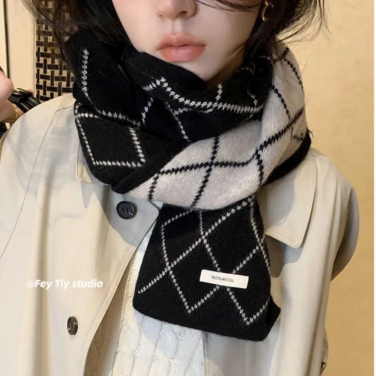澳洲羊毛100%wool 小香风双面围巾菱形格子围脖冬季保暖韩版情侣
