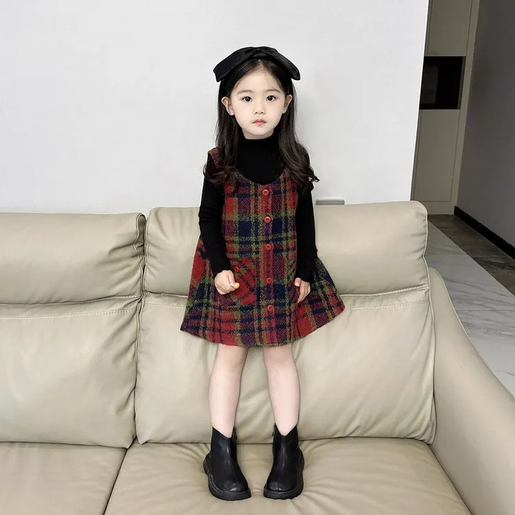 童装2025女童秋冬格纹毛呢小香风背心裙女宝韩版可爱甜美洋气套装
