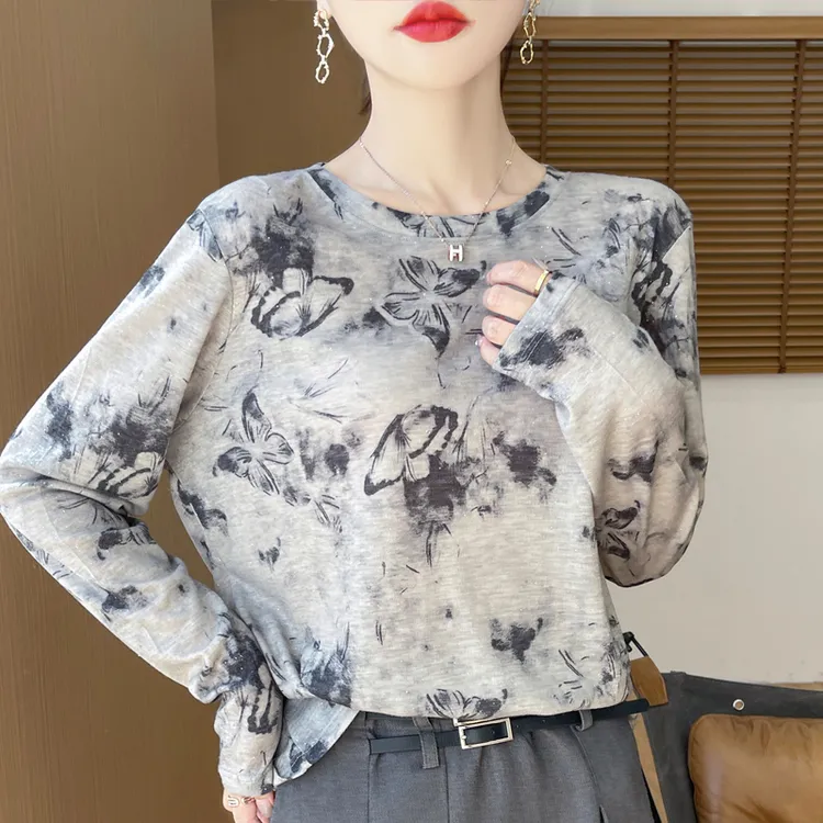 薄款莱赛尔天丝棉舒适打底上衣印花长袖圆领内搭百搭老钱风女装商品图