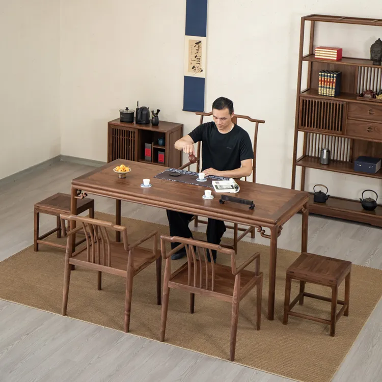 新中式实木茶桌椅组合简约北美黑胡桃木阳台茶桌茶台小户型泡茶桌
