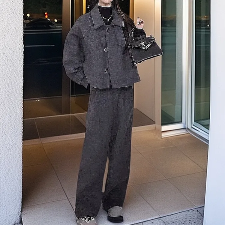 韩版百搭显瘦夹棉加厚蝙蝠袖毛呢外套阔腿裤两件套女2024新款套装