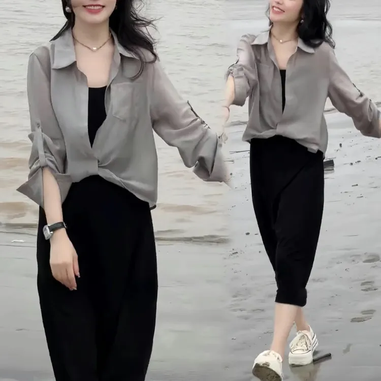 时尚休闲防晒衬衫两件套女2025夏季新款胖妹妹洋气减龄遮肉套装