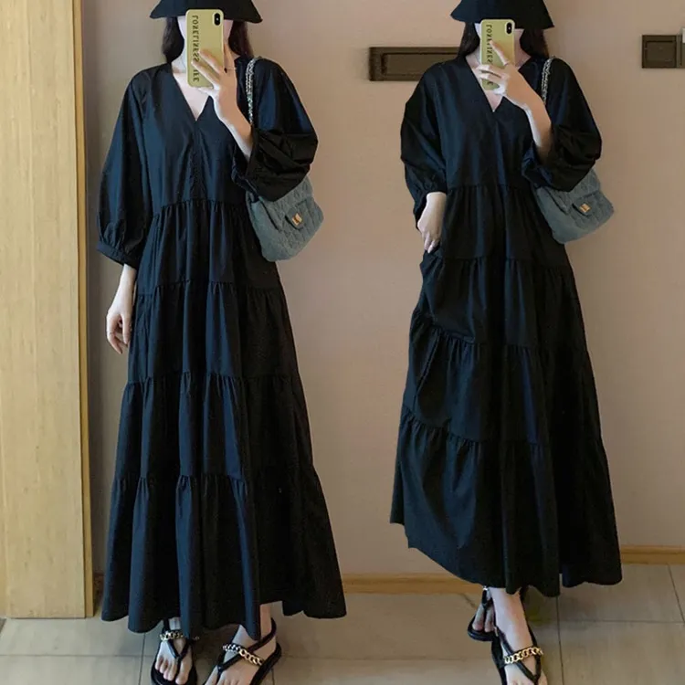 2025夏季新款大码宽松显瘦大A摆小黑裙V领衬衫长款连衣裙女