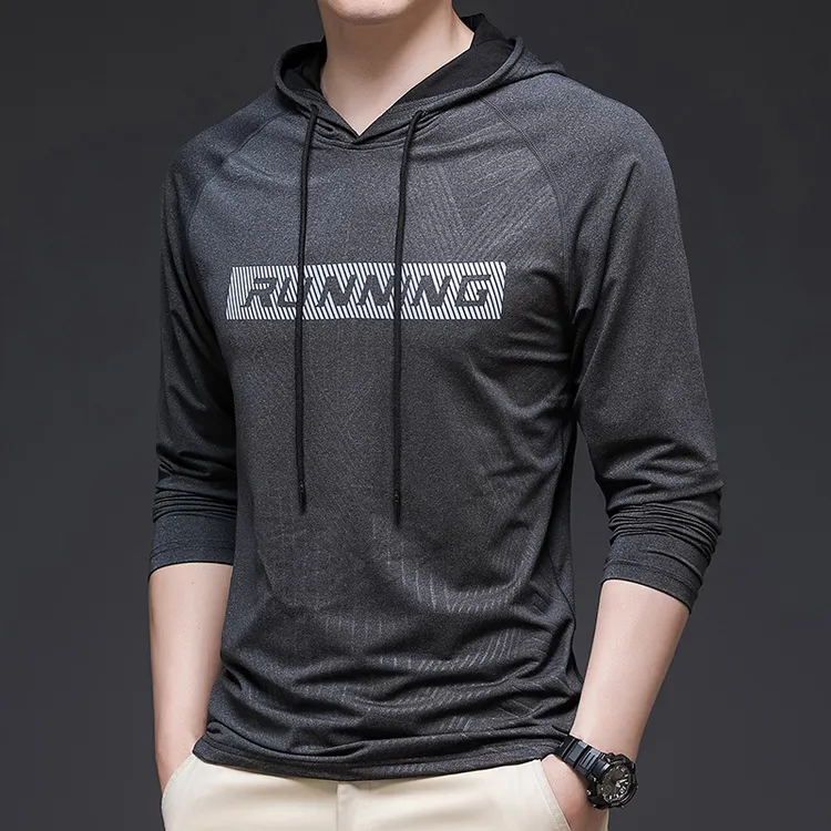 运动T恤男长袖春秋季薄款户外修身跑步健身速干卫衣连帽上衣服男