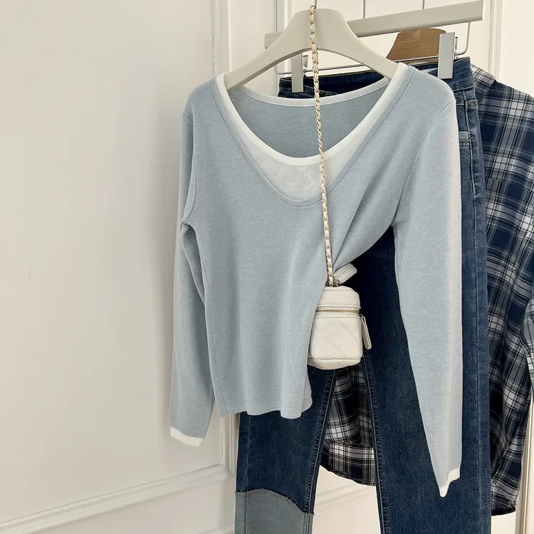 假两件长袖针织衫软糯亲肤宽松显瘦气质设计感百搭针织毛衣上衣女