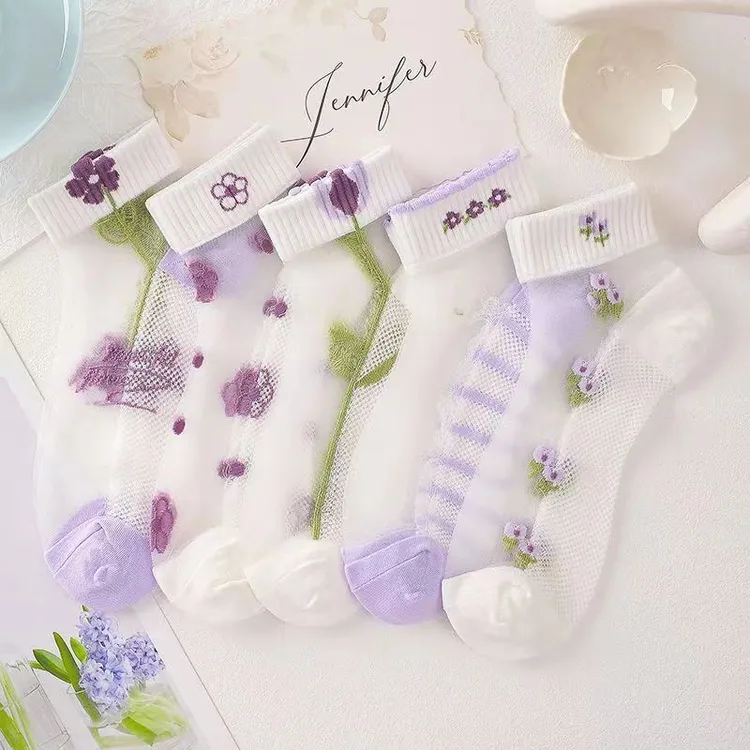 袜子女士春夏薄款甜美水晶袜夏天网红蕾丝学生浅口棉底玻璃丝短袜