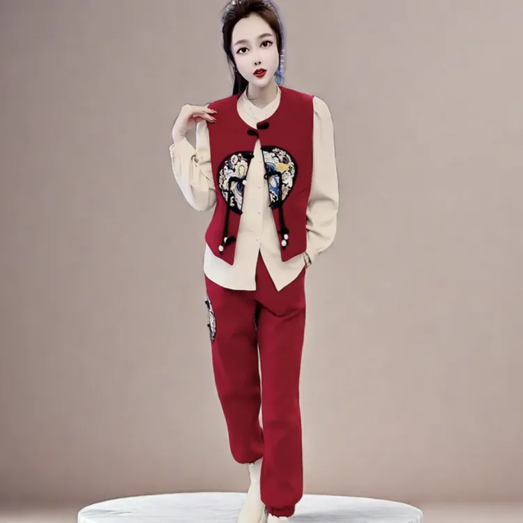 2024国风女衬衫盘扣刺绣马甲休闲裤三件套设计感时尚气质韩版潮
