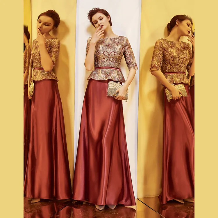 高档妈妈款婚宴礼服长款喜婆婆显瘦参加宴会酒红色新娘结婚礼服