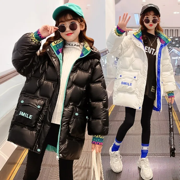 女童棉衣2025新款6-12岁15岁中大童装冬季中长款加厚亮面免洗棉服