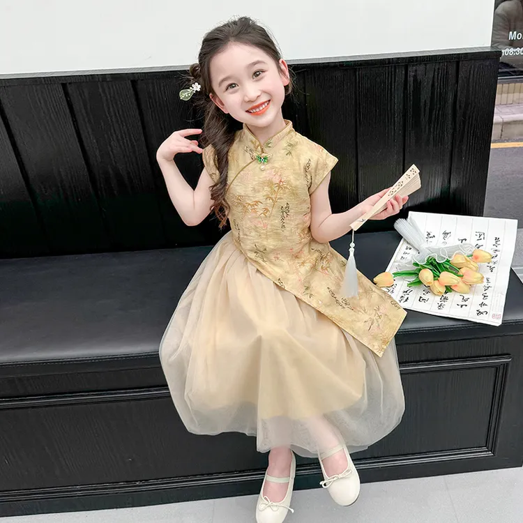 新中式女童国风连衣裙夏季2025套装儿童夏装旗袍裙女宝宝汉服裙子