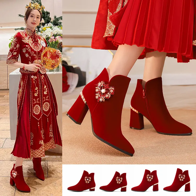 冬季新娘靴子酒红色婚靴舒适结婚鞋靴中式粗跟婚鞋女两穿加绒短靴