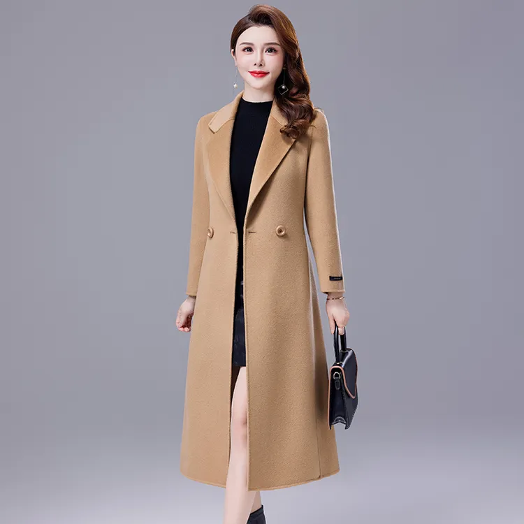 秋冬双排扣西装领双面呢大衣女长款过膝羊毛呢外套女妈妈修身显瘦