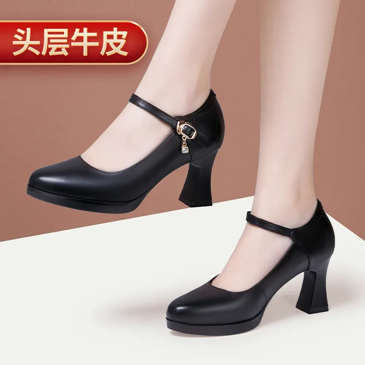 旗袍走秀走秀鞋职业黑色女真皮粗跟软底防水台一字扣圆头中跟鞋商品图