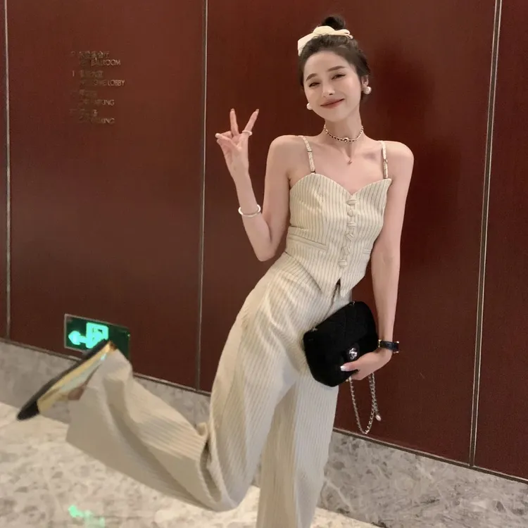 韩版气质条纹套装女夏季2025新款辣妹吊带背心阔腿裤两件套潮显瘦
