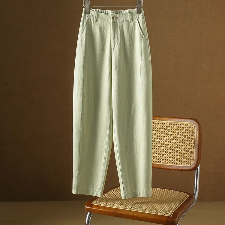 高端天丝亚麻裤女九分夏季薄款高腰宽松显瘦人字纹哈伦裤