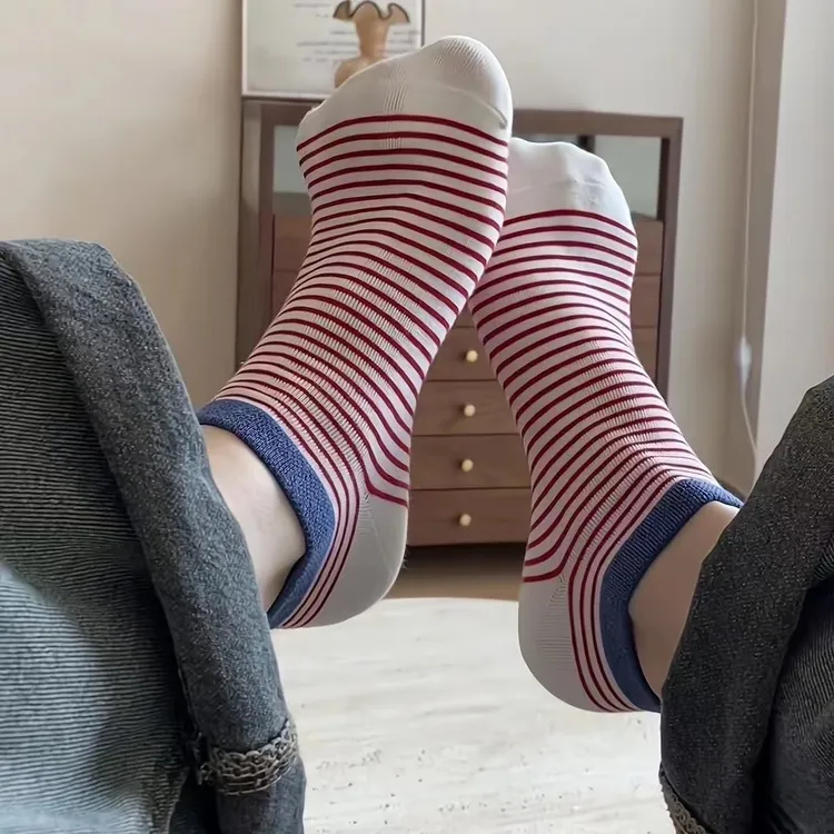袜子女士拼色薄款短袜夏天防臭2024新款条纹防滑不掉跟多巴胺船袜