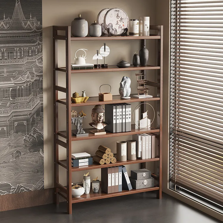 新中式茶叶置物架落地书架客厅阳台靠墙竹书架厨房茶柜置物架