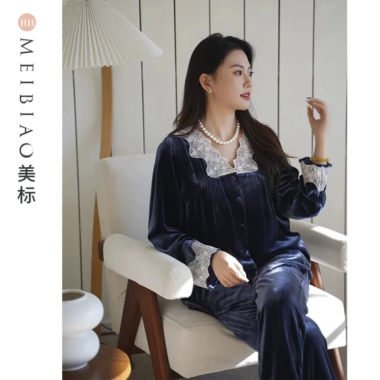 美标桑蚕丝19姆米真丝绒秋冬高端真丝绒情侣套装家居服睡衣100145
