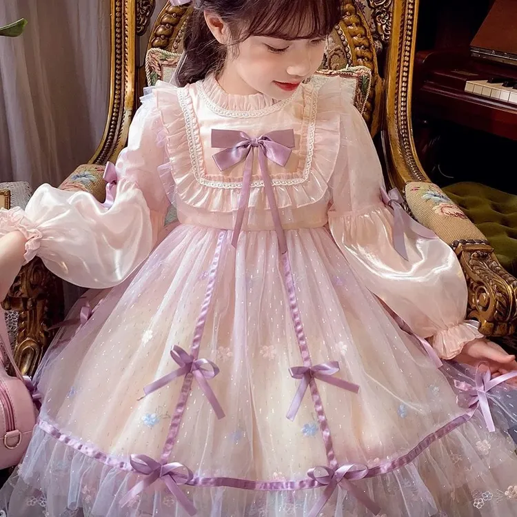 女童连衣裙秋冬2025新款蝴蝶结洋气网纱小女孩洛丽塔公主长袖裙子