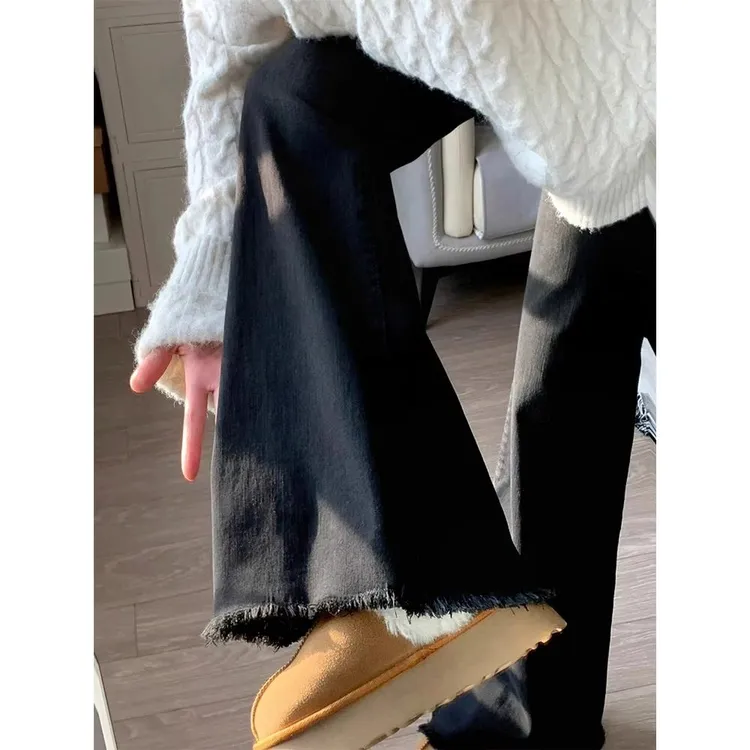 黑色微喇毛边牛仔裤女2025年春秋季高腰弹力阔腿显瘦梨形身材裤子