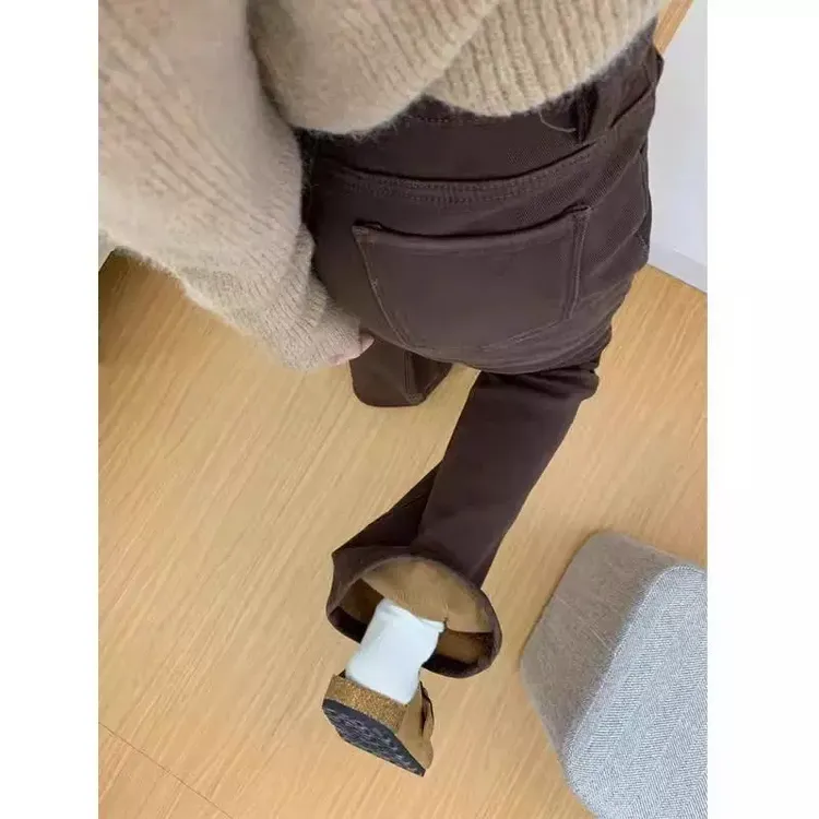 雪千羽高个子加长美拉德咖色喇叭牛仔裤女秋冬加绒高腰弹力拖地裤