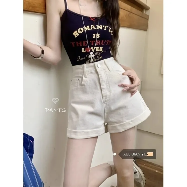 雪千羽牛仔短裤女小个子白色热裤高街潮夏季高腰显瘦辣妹阔腿裤子